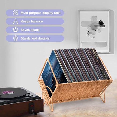 Demine Vinyl Record Storage Rack - Holds 80 LPs | Stylish Woven Record Holder | Multifunctional Storage | Vinyl Display Organizer for Books, Magazines & Files