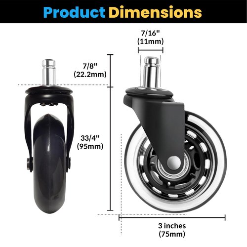 Just One Sack 3 Inch Office Chair Caster Wheels, Heavy-Duty PU, Safe for All Floors, Scratch-Free, Quiet and Smooth Rolling, Universal Fit, Set of 5