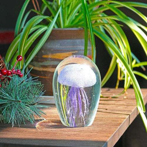 QFkris Hand Blown Purple Glass Jellyfish Figurines Collectibles, Glass Paperweight Sea Animal Sculpture for Fish Tank Table Decor