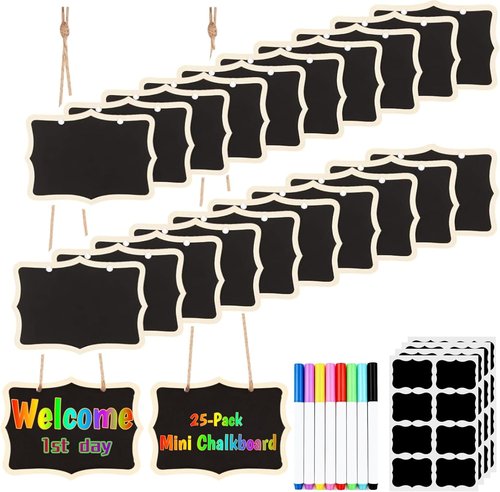 Mini Chalkboard Signs 25-Pack by [Brand Name] - Double-Sided Wooden Message Boards with 8 Chalks & 32 Stickers for Weddings, Parties, and More