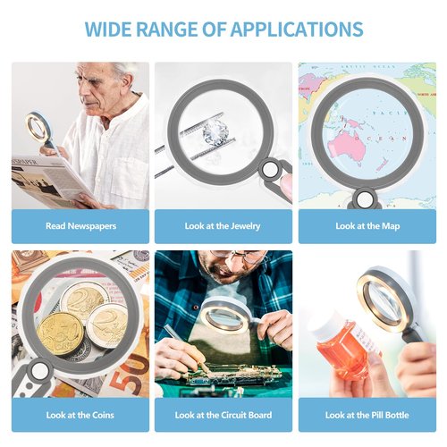 HUIBOER 45X Magnifying Glass with Light, 4.6 Inch 1200mAh USB Rechargeable, 3 Color Modes, Large Handheld Magnifier for Low Vision Seniors with Macular Degeneration, Reading, Jewelry, Coins - Grey