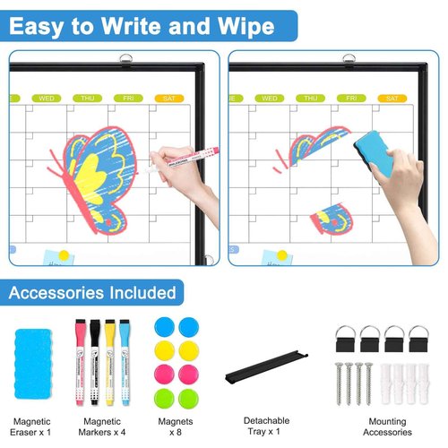 Dry Erase Calendar Whiteboard for Wall, WALGLASS 24" x 18" Magnetic White Board, Monthly Dry Erase Calendar with Black Aluminum Frame, Double-Sided Hanging Portable Board for Office, Home, School