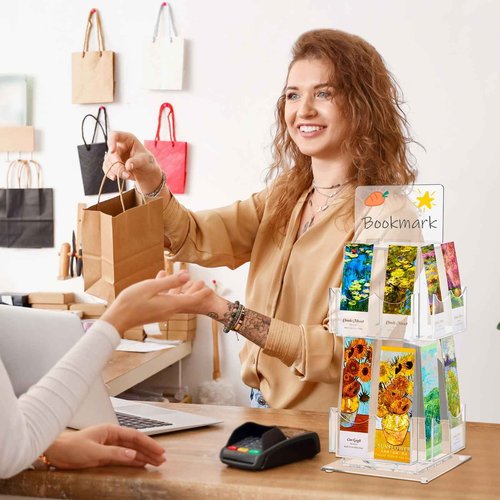 Marsui 2 Tier Rotating Bookmark Display Stand, 4 Sided Bookmark Sticker Holder, 360° Rotating No Assembly Required Clear Acrylic Sticker Holder for Vendors, Retail, Showcase, Tradeshow, 12.6" x 5.9"