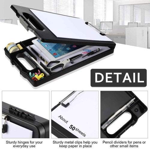 Fainne 6 Pcs Heavy Duty Clipboard with Storage and Handle Plastic Compartments Built-in Pen Holder Large Capacity Foldable Clipboard with Storage and Clip, 9.8x15.3(Black)