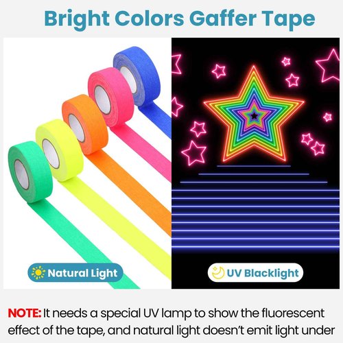 Fainne 10 Rolls Gaffers Tape 1 Inch x 20 Yards Spike UV Blacklight Reactive Fluorescent Heavy Duty Multipurpose Neon for Party Supplies Floor Markings