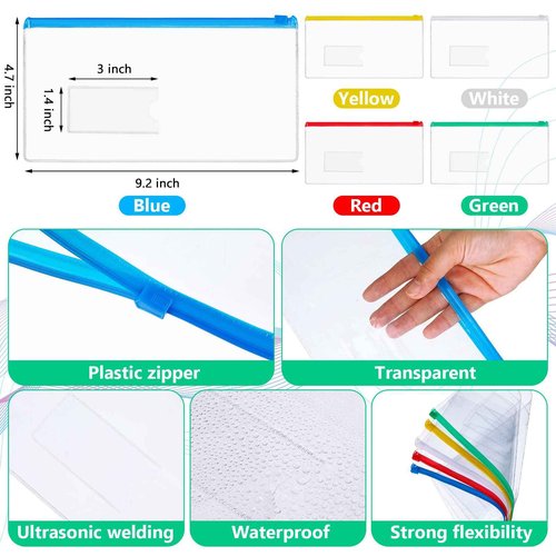 Zhehao 200 Pcs 200 Pcs Poly Zip Envelopes Bulk, A6 Size Clear Plastic Pencil Pouch with Label Zipper, 9.2 x 4.7 Inch Reusable Bill File Bag for Cash, Money, Christmas OCC Shoeboxes Gifts (Multicolor)