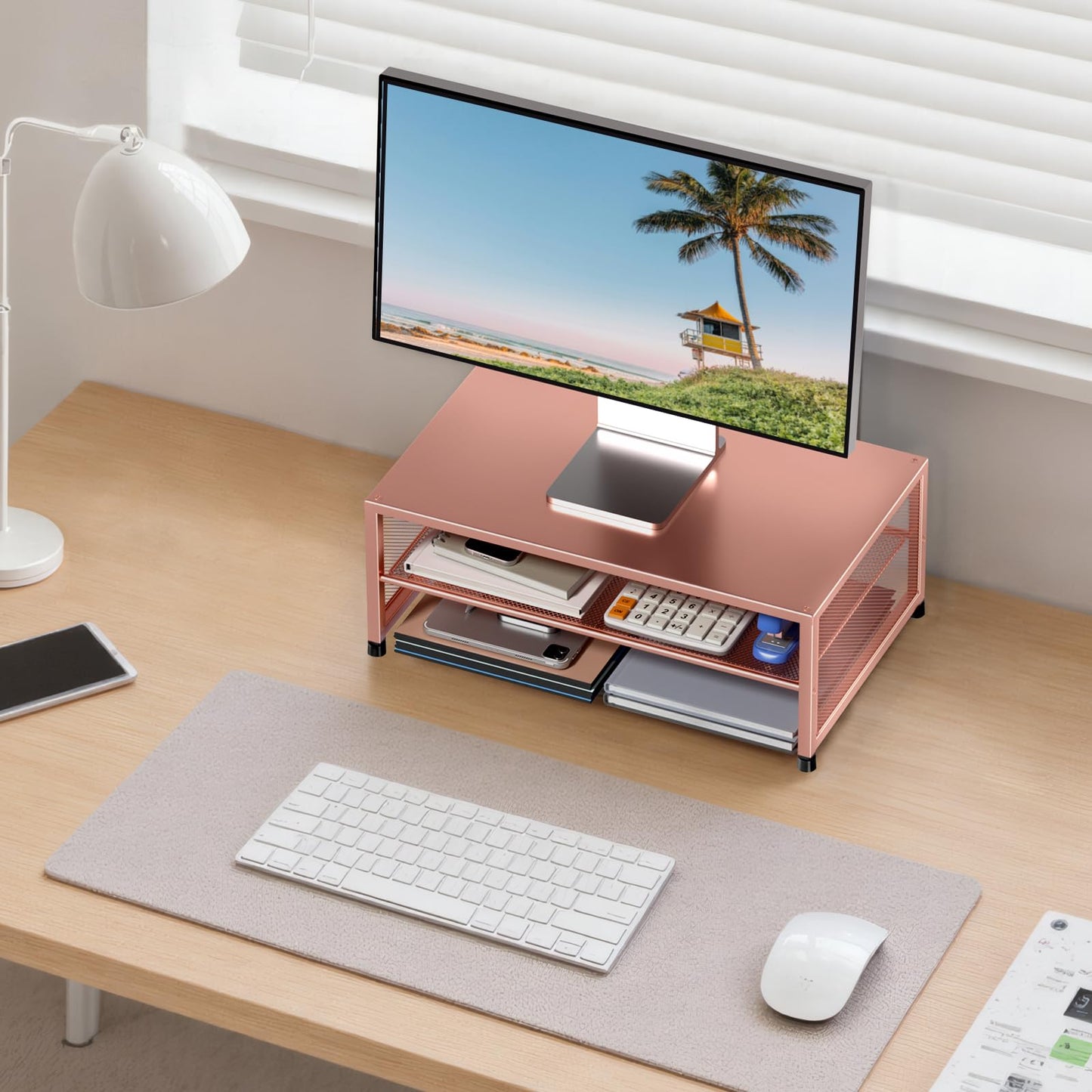 ECOLOVI 2-Tier Computer Monitor Stand Riser, Desk Organizer for Monitor, Printer & Laptop Stand, Desktop Workspace Organizers for Office Supplies(Rose Gold)