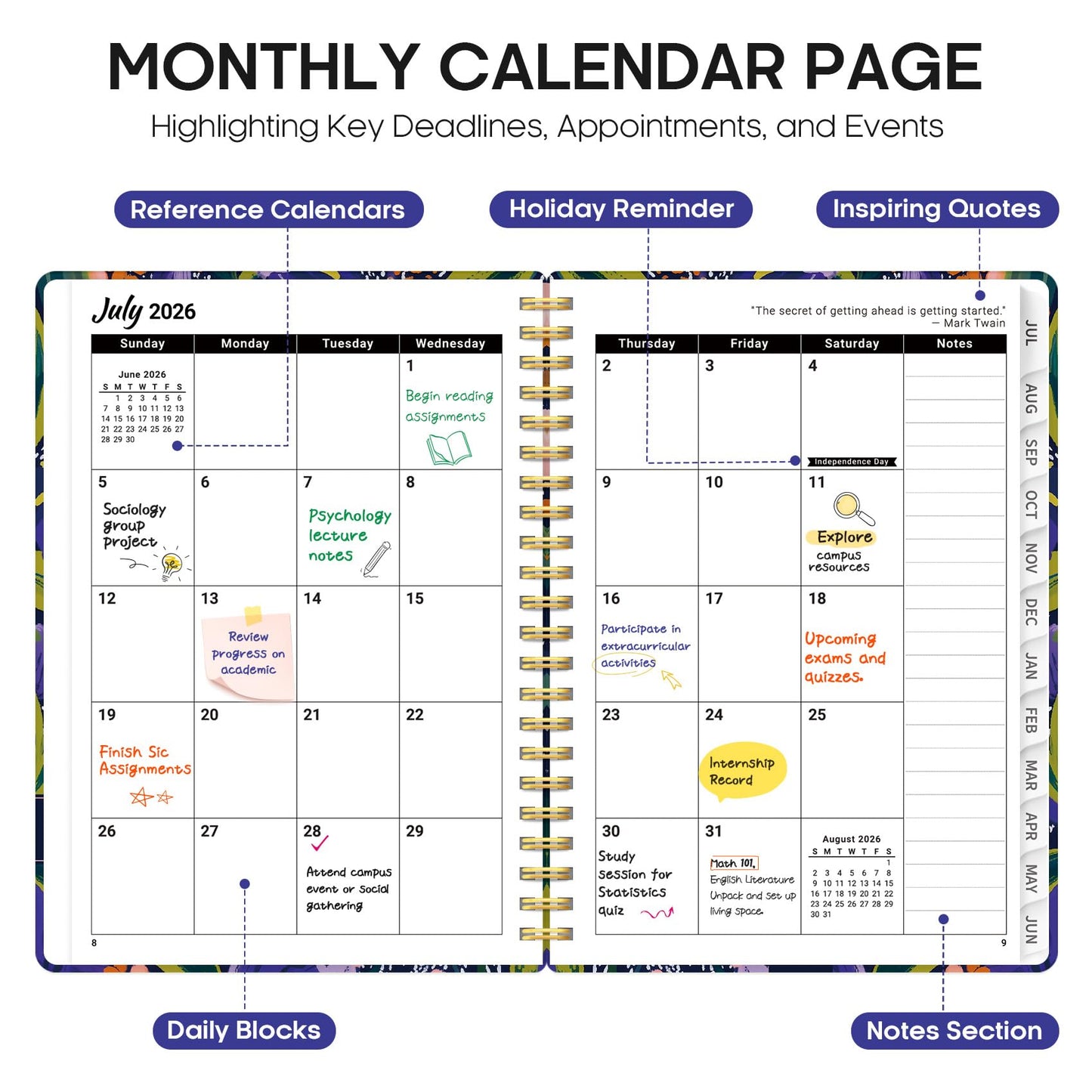 Planner 2026-2027, Academic Year Monthly and Weekly Calendar Planner, Jul 2026 - Jun 2027, Hardcover Teacher Student Planning Agenda book with Tabs, Perfect for School Office Supplies, 6.3" x 8.5" - Petal Rhythm