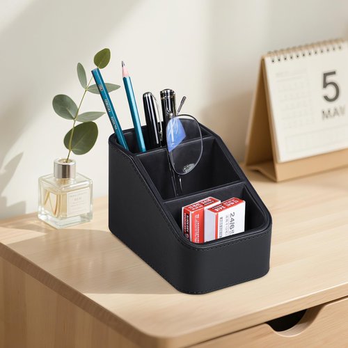 NICLNGSH PU Leather Remote Control Holder, Small Desk Organizer Office Supply Bedside Caddy for Nightstand End Table Couch, Pen Remote Organizer with 3 Compartments (Black)