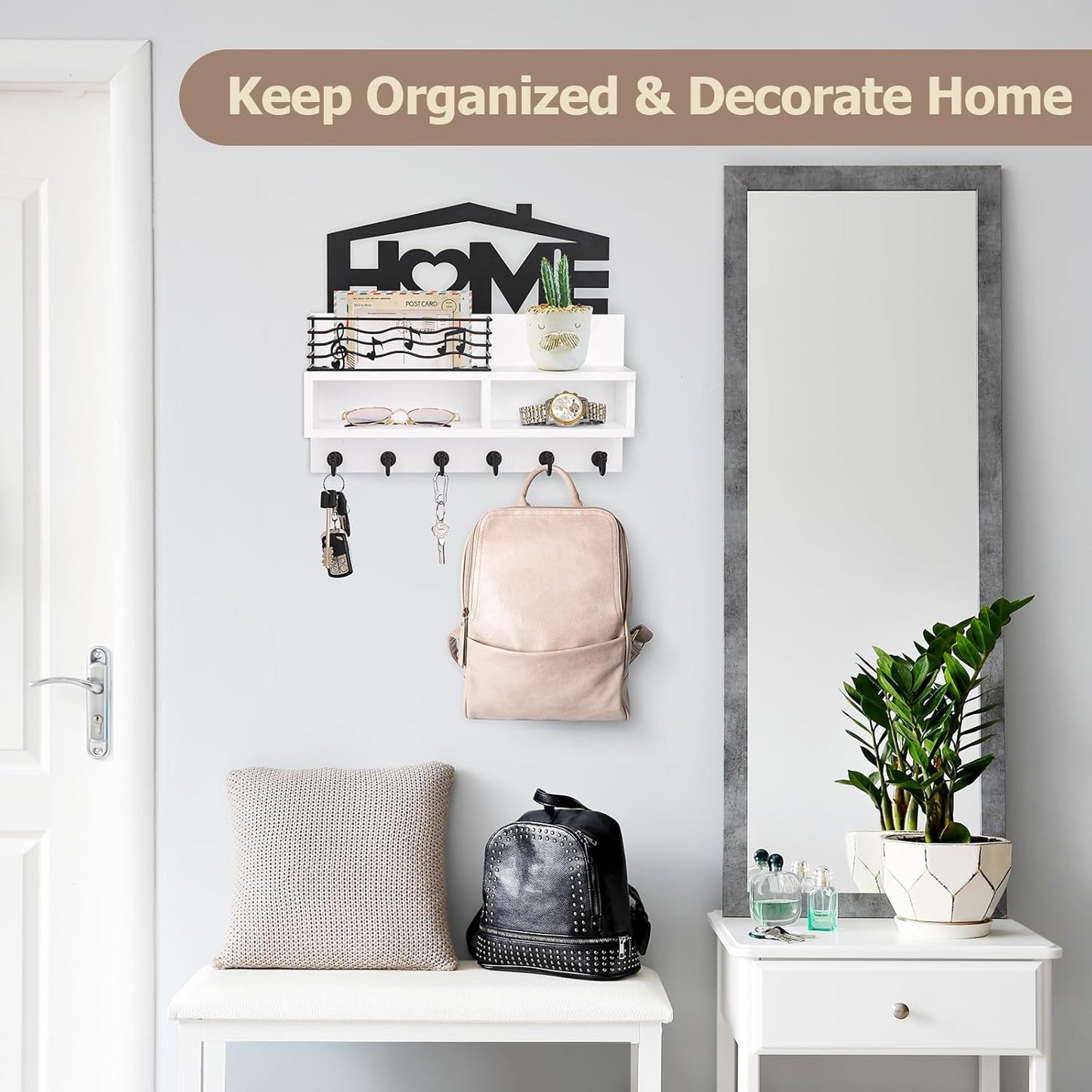 VIS'V Key Holder Wall Mount - Decorative Wooden Mail & Key Organizer with Storage Basket & Shelf | White, 2 Compartments, 6 Hooks