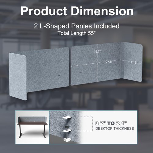 ERGO COLLECT 2-in-1 Adjustable Desktop & Under Desk Privacy Panel - 2PCS L-Shaped Acoustic Desk Divider That Reduce Noise and Visual Distractions, for Home Office Classroom (Grey, 55" x 15.7")