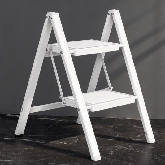 DIAMONDFORGE 2 Step Ladder, Folding Step Stool with Anti‑Slip Wide Pedal & Soft Grip Handle, Sturdy Steel Ladder with 330 lbs Capacity, Non‑Slip Feet for Home, Kitchen & Office, White