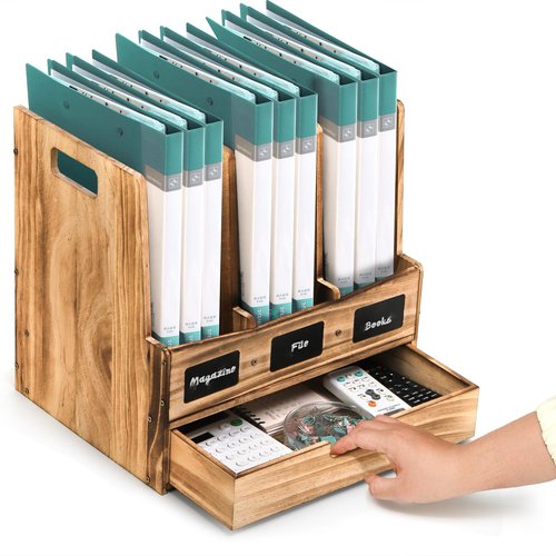 Eorbow Wooden Desk File Organizer, Desktop Document Folder Holder with 3 Compartments and 1 Drawer, Desk Organizer Binder Rack with Chalkboard Label, Magazine Storage Box Mail Sorter for Office Home