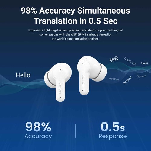 Anfier M3 AI Translation Earbuds Real Time, Offline Translator Device in 144 Languages, 3-in-1 Two-Way Audífonos Traductores, Language Headphones for iOS & Android, No Subscription Required (White)