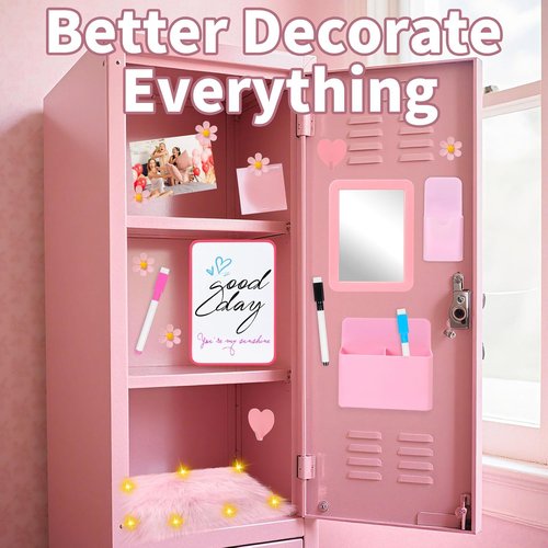 Skiennix 18 PCS Pink Locker Accessories Kit - Stylish Decor for Girls | Includes Whiteboard, Mirror, and Lights