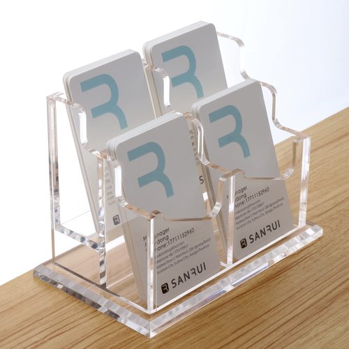SANRUI Clear Acrylic Business Card Holder 2Tier Vertical Cards Display with 4 Slots Organizes Up to 200 Cards Professional Card Organizer for Men & Women Perfect for Office, Home & Exhibition
