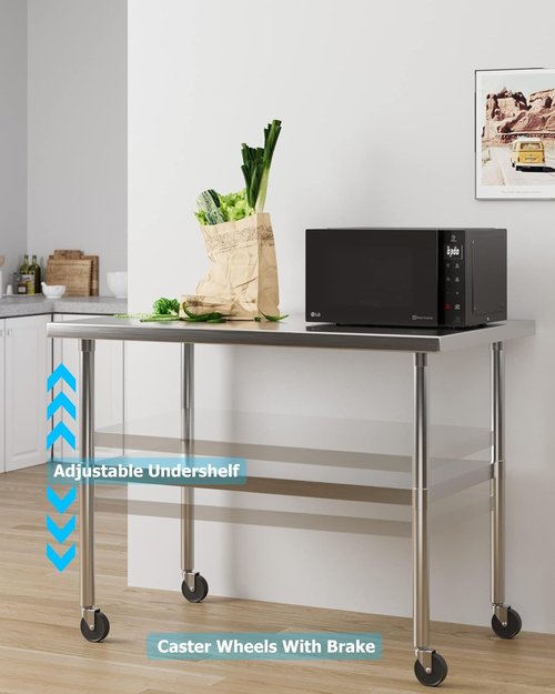 KYBOLT Stainless Steel Work Table - NSF Certified Heavy-Duty Kitchen Prep Table with Undershelf & Caster Wheels | 30" x 18" Silver