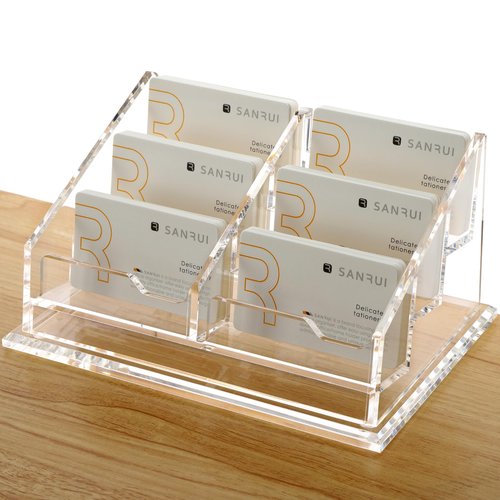 SANRUI Acrylic Business Card Holder for Desk, Clear Display Stand with 6 Slots, Holds 300 Cards, 3-Tier Horizontal Clear Name Card Stand ,Office Desk Organizer for Women & Men