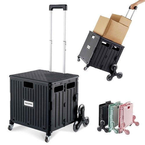 MACOPRO Foldable Utility Cart with Stair Climbing Wheels, Collapsible Rolling Crate with Telescoping Handle, Folding Shopping Trolley Handcart Grocery Book File Tool Teacher Storage Basket (Black)