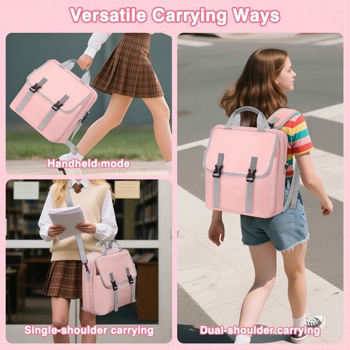 MoKo Zipper Binder Bag, 2 Inch 3 Ring Zipper Binder with Detachable Backpack Strap + Shoulder Strap, 500 Sheets Capacity, Multi-Pocket School Bag Fits 13'' Tablets, 14'' Laptops, Books, Pink