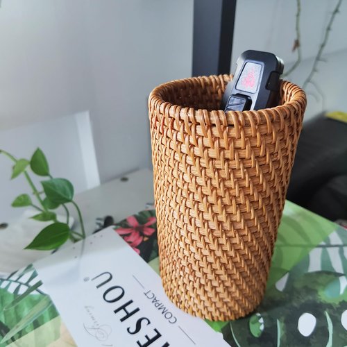 amololo Handmade High Wall Rattan Pen Cup,Tea Items Desk Holder,Wicker Pencil Décor Holder Flower Vase For Dry Flower,Rustic Makeup Brushes Holder Stand, Table Loose Items Organizer (High Cylinder)