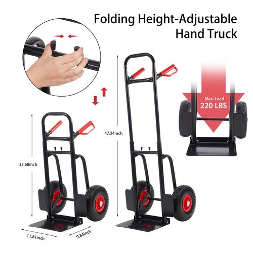 Elevon Folding Flatbed Hand Truck, Telescoping Handle 2-Wheel Portable Dolly Cart, Heavy Duty Utility Cart for Home & Commercial Use, Moving & Cargo Transport - 220LB Capacity, Easy Storage, Black