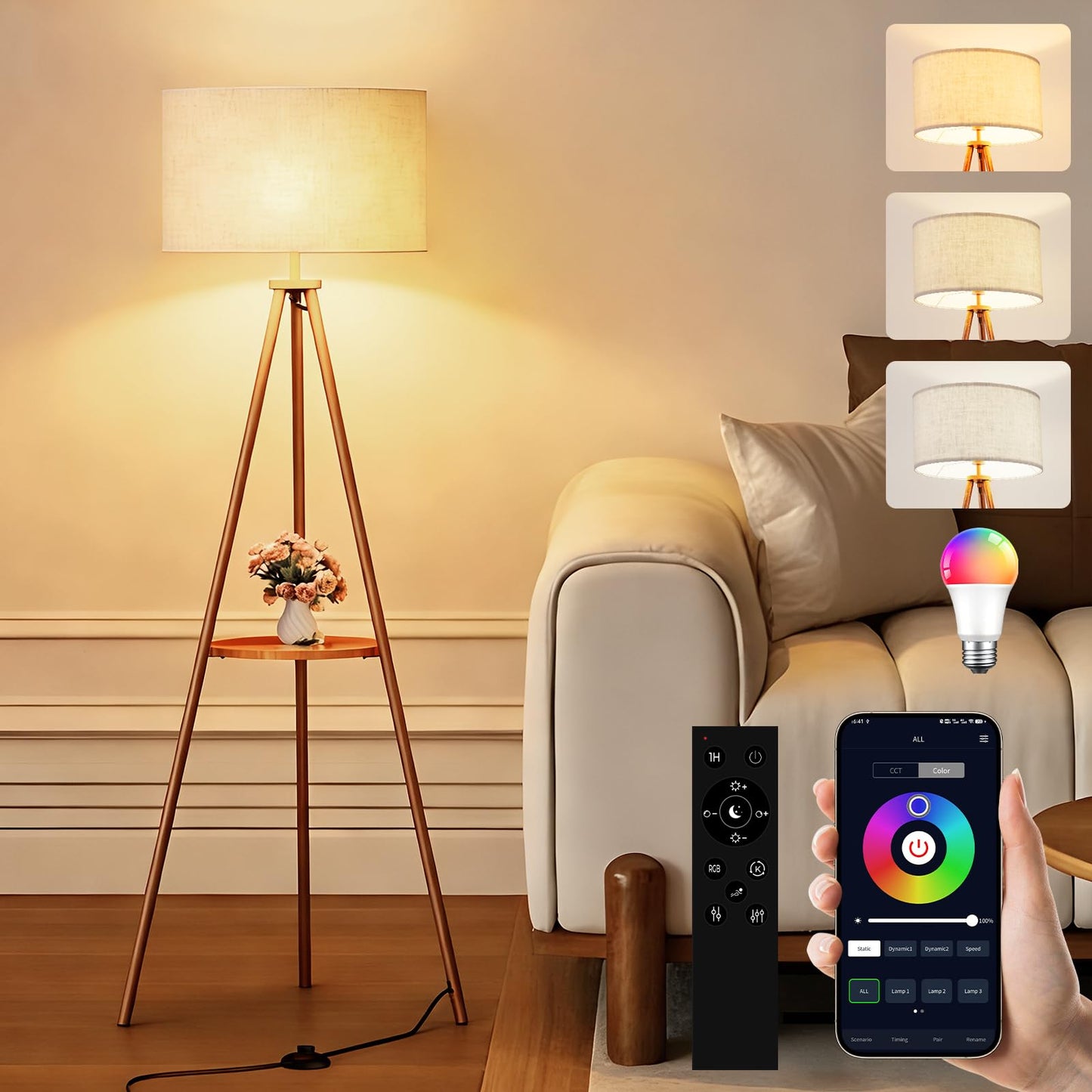 homzuri 58.3" Mid-Century Tripod Floor Lamp with Shelf, Hidden Wiring, RGB Dimmable Bulb Included, Remote & App Control, Iron Corner Standing Lamp with Linen Shade for Living Room Bedroom