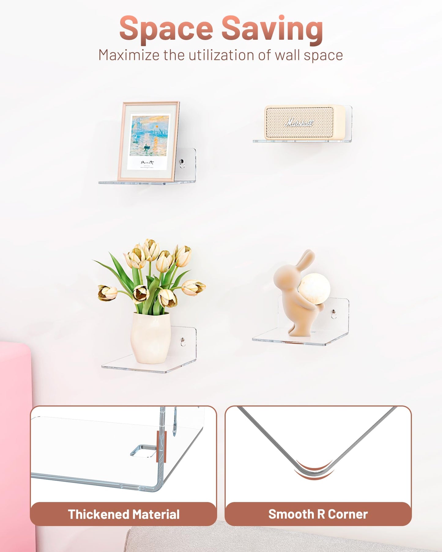 LMHOME 4 Pack Small Wall Shelf - 4" Floating Shelves for Wall Display Ledges for Funko Pop Figures, Plants, Speakers, Durable Plastic Adhesive or Screw Shelves in Bedroom Kitchen Living Room, Clear