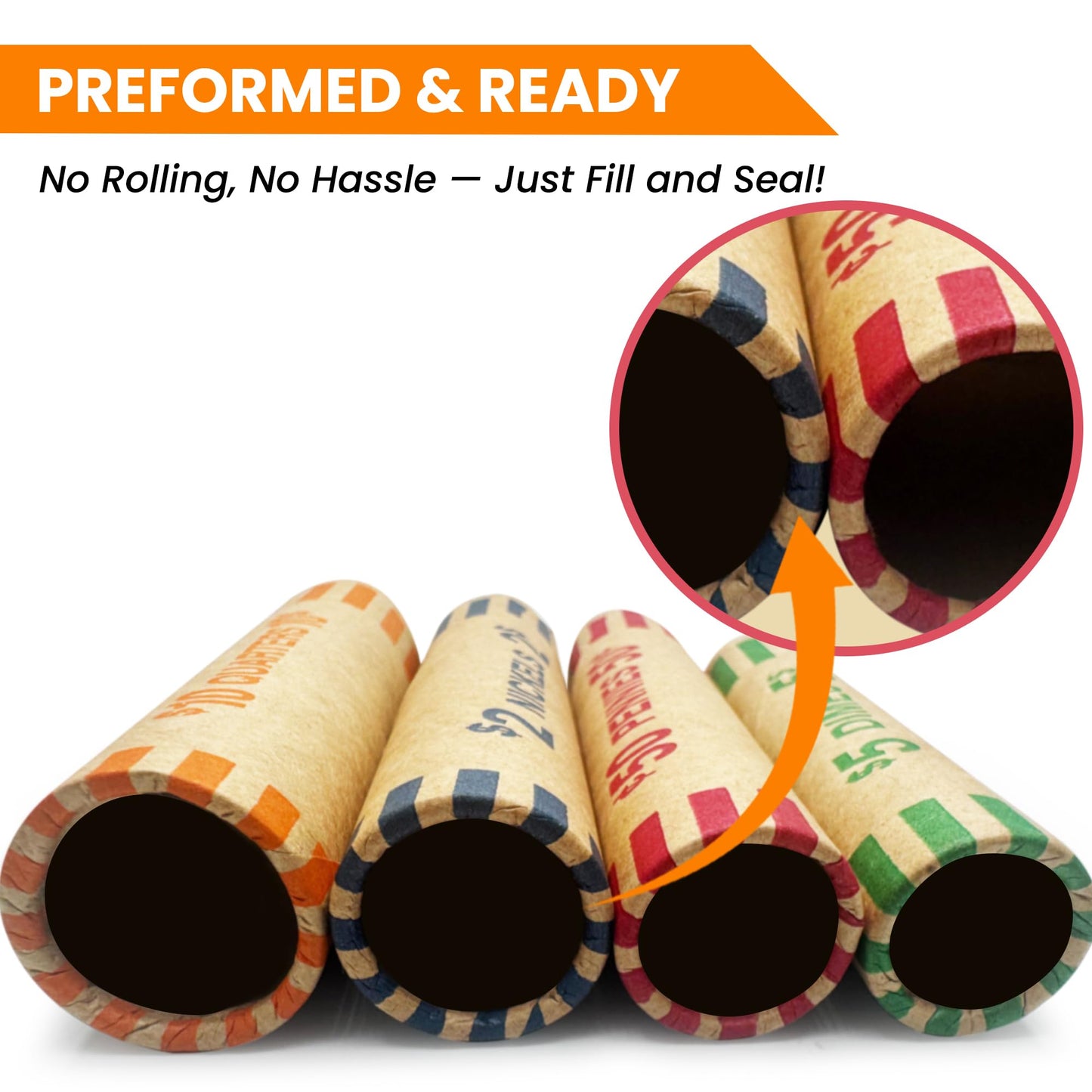 PM Company 128 Pcs Preformed Coin Wrappers Rolls — Assorted Heavy Duty Rolls Wrappers for Quarters, Pennies, Nickels, and Dimes