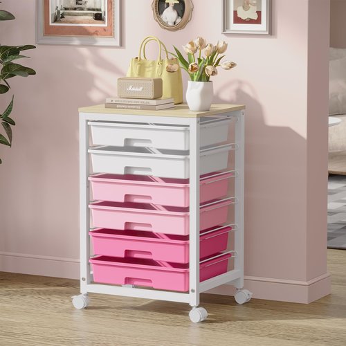 SYKIARIOL Utility Cart With 6 Drawers and Wooden Tabletop, Storage Cart on Wheels for Office, Classroom, Bathroom, Bedroom - Pink