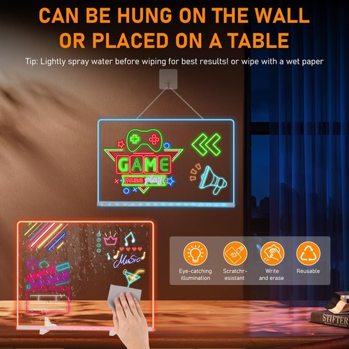 LED Note Board - Colorful 13.8" x 10" Rewritable Acrylic Drawing Board | 4 Modes & 7 Colors - Perfect Holiday Gift for Ages 14+