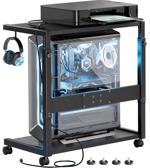 JANE EYRE PC Tower Stand - Adjustable Computer Tower Stand with Charging Station CPU Holder with Wheels for Home Office Gaming, Upgraded Larger Size 25.9" to 34.9" Height
