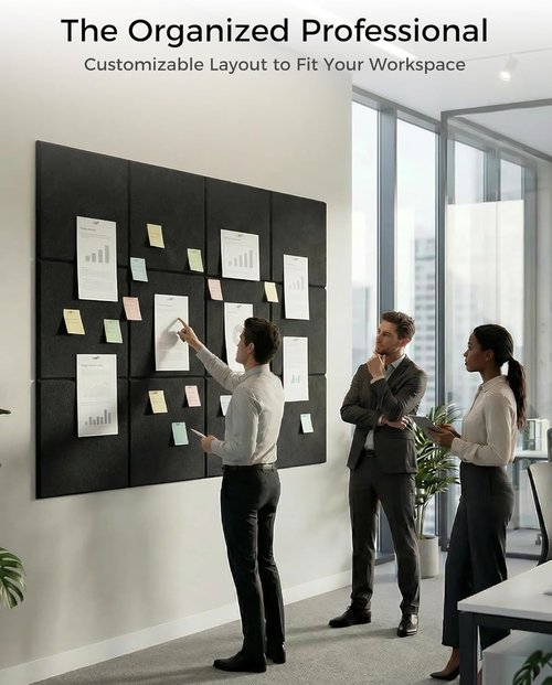 Aothia 12-Pack Felt Bulletin Board Tiles - Modular 48x36 Cork Board Alternative for Office & Classroom | Includes 70 Adhesive Tabs & 40 Push Pins (Black)