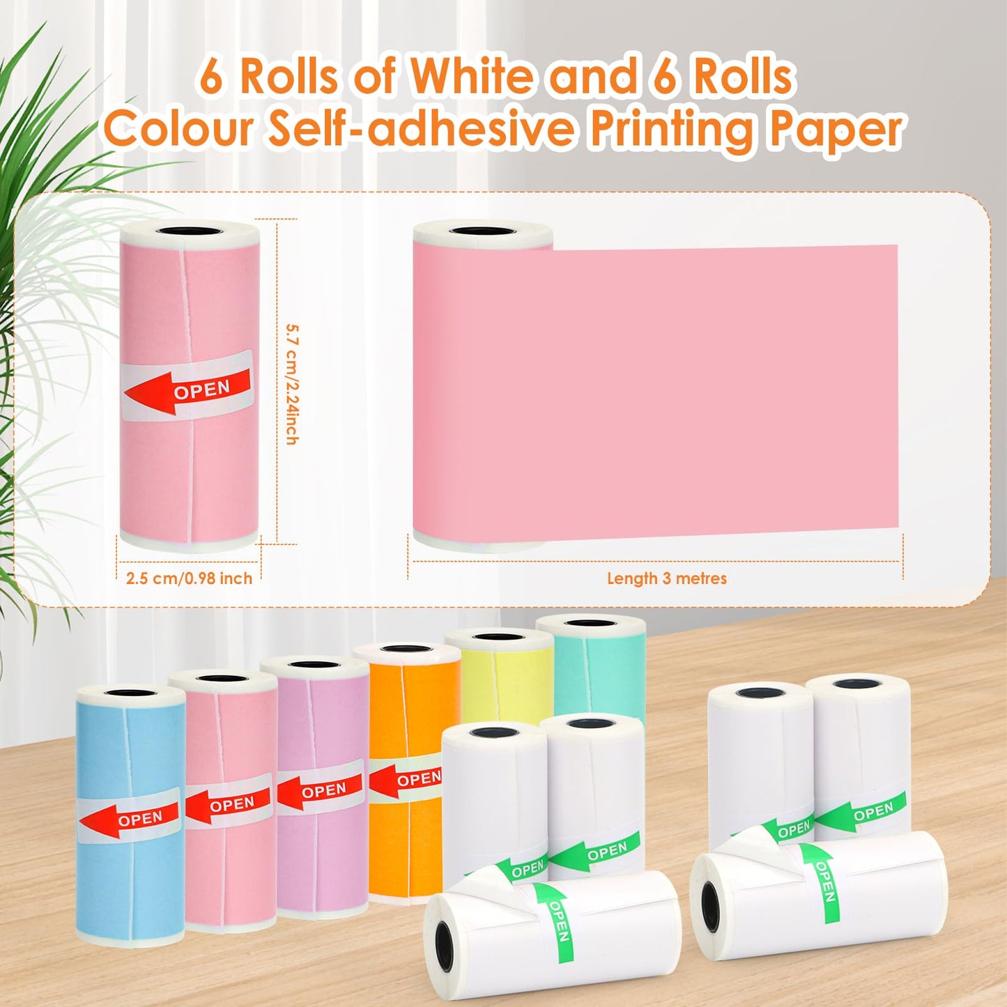 HuiJuKeJi 12 Rolls Mini Printer Sticker Paper,Thermal Self-adhesive paper 57 * 25mm,6 Rolls of White &6 Rolls of Colour Paper for Pocket Inkless Portable Bluetooth Printer to Print Photo,Note