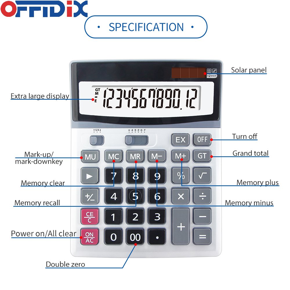 OFFIDIX Large Key Dual Power Electronic Calculator, Portable 12 Digit Large LCD Display Desk Calculator for Daily and Basic Office
