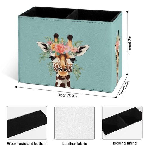 Famame Cartoon Flowers Giraffe Pencil Holder for Desk, Leather Desktop Container Pen Cup Storage Study Table Pen Organizer Makeup Brush Holder for Classroom Office Home