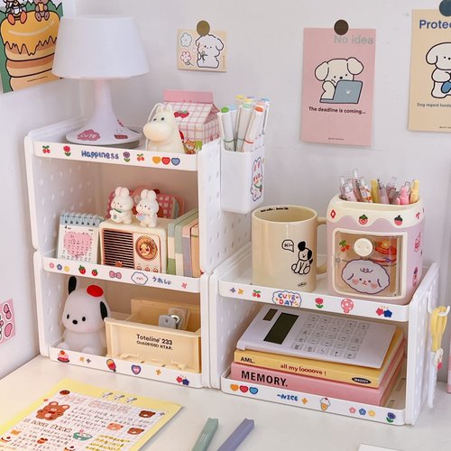 Lae Nuvole Desktop Organizer Shelf Stationery Organizer with Pen Holder Office Desk Pegboard Shelf Plastic Combinable Organization and Storage for Desk, Office, Countertop, Dorm (White, 3 Tier)