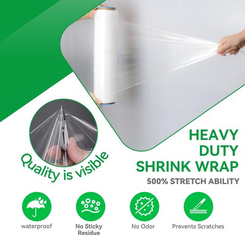 18" x 1500' Plastic Shrink Wrap Roll - 80 Gauge, 500% Stretch Industrial Strength Moving Wrap, Heavy Duty Pallet & Furniture Protection - 4 Roll Bundle Stretch Wrap with Handles