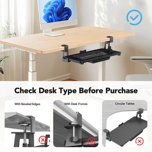 HUANUO Large Under Desk Keyboard Tray with Sturdy C-Clamp Mount, 26 (30.16" Including Clamps) x 12 inch Slide-Out Platform Computer Desk Heavy Duty Keyboard Tray with Storage Drawer for Typing, Black