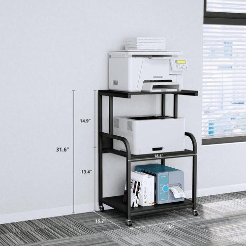 EasyCom Printer Stand- Large 3 Tier Sofa Side Table with Wheels- Industrial Printer Storage Cart- Modern Night Stands with Storage Shelf for Living Room Bedroom Office Black