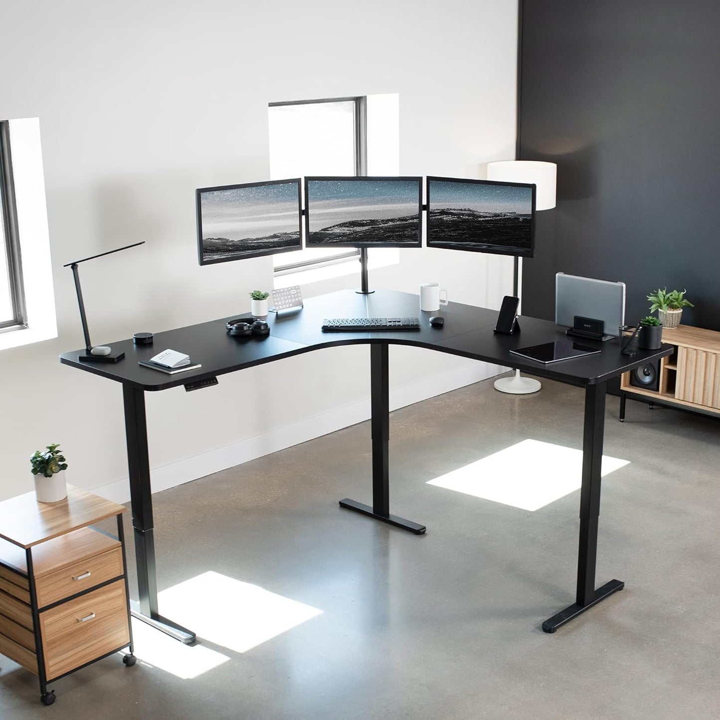 VIVO Electric Height Adjustable L-Shaped Stand Up Desk - 71"x71" Curved Black Table Top & Frame | Memory Controller