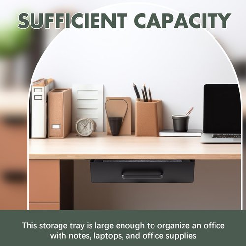 2 Pack Under Desk Slide out Drawer Storage Shelf, Carbon Steel Tray with Mute Felt Sheets, Pull out Organizer for Office Home Workstation Gaming Stand Desk, 13×8×2.8 In(Black)