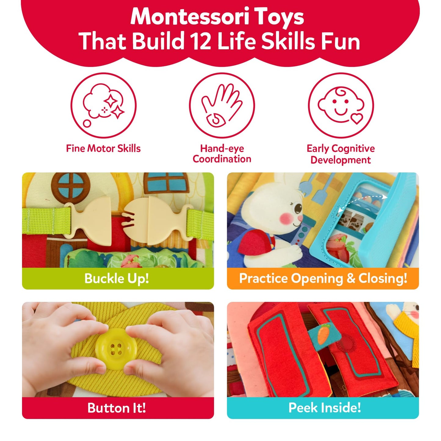 CuteZone Busy Book for Toddlers 1-3, Toddler Travel Toy and Montessori Quiet Book with Attached Bunny, 12 Fine Motor Activities Gifts for 1 Year Old Boys Girls Birthday Gift