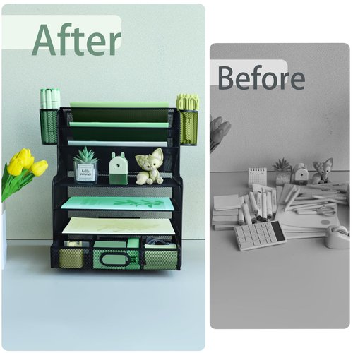 IOUGDSEC 7 Tier Desk File Organizer, Paper Tray Desk Organiser, Letter Tray Paper Organizer with Pen Holder and Metal Hanging Basket, Black