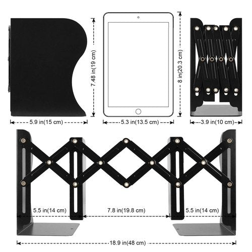 2PCS Adjustable Bookends, Metal Book Ends for Heavy Book, 2 Dividers, Nonslip Book Stander for Desk, Shelf, Office, Stationery Gift, Extends up to 19 inches (Black)