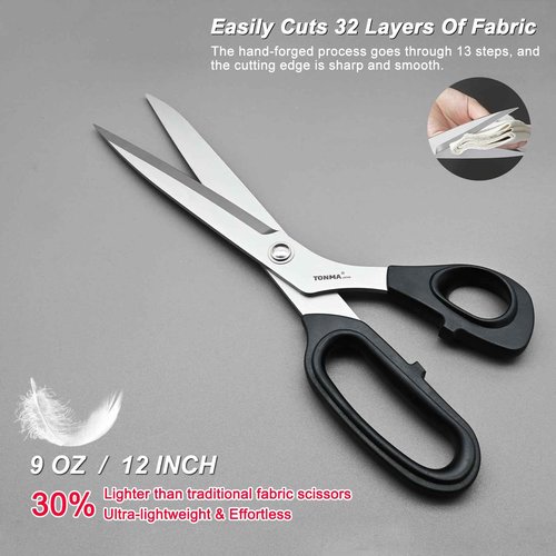 TONMA Dressmaker's Fabric Scissors [Made in Japan] 12-Inch Lightweight Sewing Scissors Japanese SG2 Stainless Steel Dressmaking Shears for Fabric Leather Upholstery Crafting, Right Handed