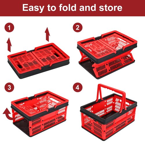 Plastic Storage Crate, Collapsible Crate for Storage Stacking Folding Storage Basket, Collapsible Shopping Basket,Car Storage Basket, Milk Crate with Handles for Kitchen, Bathroom, 20L (Red)