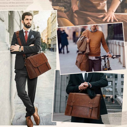 RAINSMORE Mens Messenger Bag 18 Inch Waterproof Vintage Leather Laptop Briefcase Large Laptop Bag Satchel Bag Computer Shoulder Bag for Office Business Travel College,Brown
