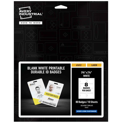Avery Durable Tall ID Badges for Lanyards, Laser Printable on Both Sides, Blank White, 80 Total, 3.375" x 2.125" (61612)