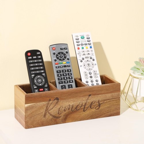 COOLEX Remote Control Holder, Acacia Wooden Pencil Holder TV Remote Holder with 3 Compartments, Remote Caddy for Table, Small Desktop Organizer for Home Office